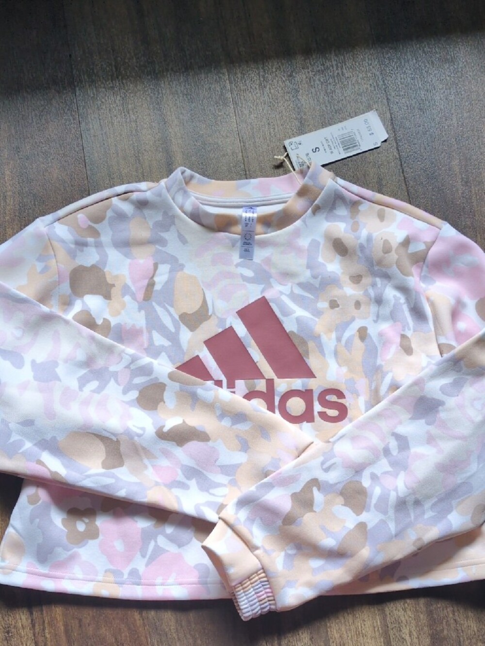 adidas Pink & Tan Camo Logo Cropped Crew Sweatshirt - Picture 4 of 8